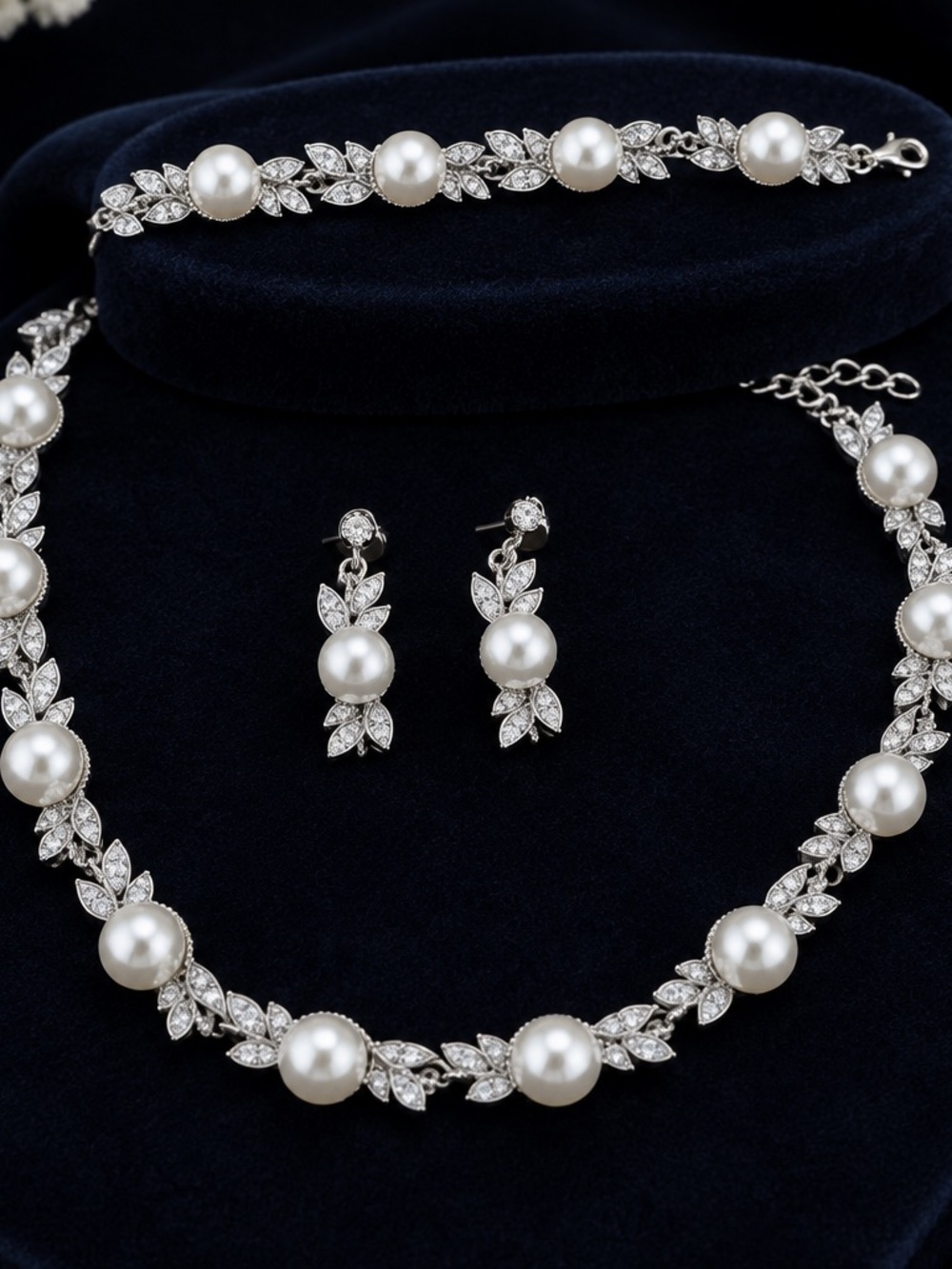 Classic White Pearl and Crystal Leaf Necklace & Earring Set